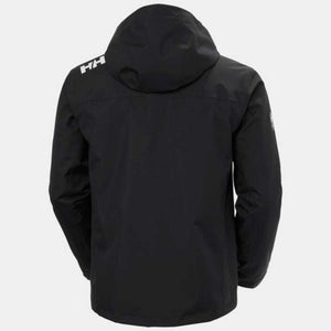 Back view of a black Helly Hansen hooded waterproof jacket with white HH logo on the shoulder