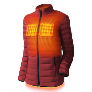 Red quilted heated jacket with visible internal heating elements on the chest