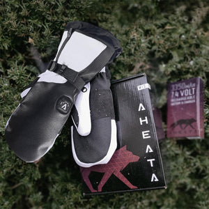 Aheata black and white heated mittens with battery pack and packaging box