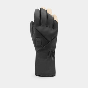 Racer black heated glove with tan fingertip accents and power button on the wrist