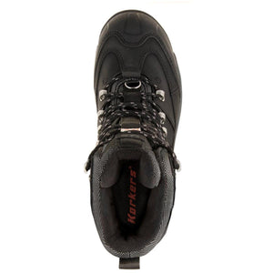 Top view of a black Korkers wading boot with laces and padded collar
