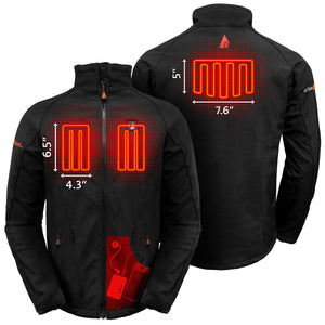 ActionHeat jacket showing heating element placement and dimensions with battery pack