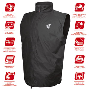 Black heated vest with surrounding icons detailing features like heating technology and water resistance