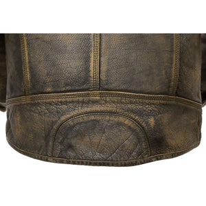Close up of the back hem of a distressed brown Milwaukee Leather jacket