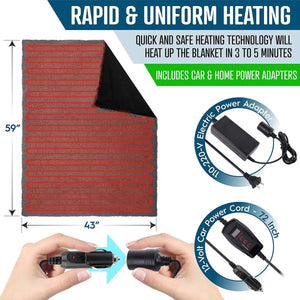 Zone Tech heated blanket with 59 by 43 inch dimensions and car and home power adapters