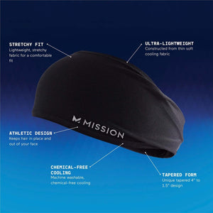 Mission cooling headband with labels highlighting stretchy fit, lightweight fabric, athletic design, and tapered form