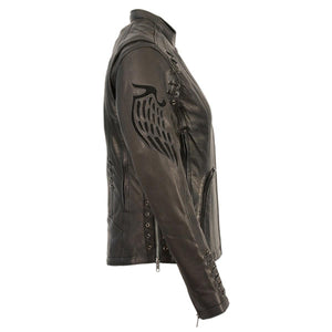 Milwaukee Leather black motorcycle jacket with side lacing and wing graphic on sleeve