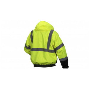 Pyramex Safety high visibility yellow hooded jacket with reflective strips viewed from the back