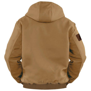 Back view of tan ActionHeat hooded work jacket with ribbed cuffs and hem