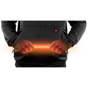 G-Tech black heated hoodie with glowing orange heating element in front pocket