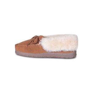 Cloud Nine Sheepskin tan suede moccasin slipper with cream wool lining
