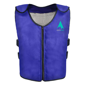 Blue Alphacool cooling vest with front zipper and side adjustment straps