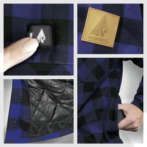 ActionHeat blue and black flannel shirt details showing power button, brand patch, quilted lining, and side pocket