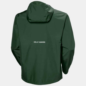 Back view of a dark green Helly Hansen hooded rain jacket