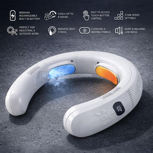 White wearable neck fan with blue and orange cooling panels and digital battery display