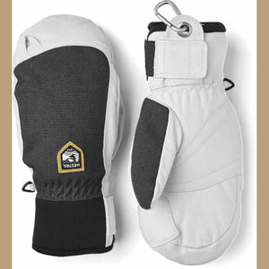 Hestra white and black leather ski mittens with carabiner clip