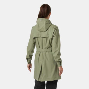Back view of a Helly Hansen olive green hooded raincoat with a belted waist