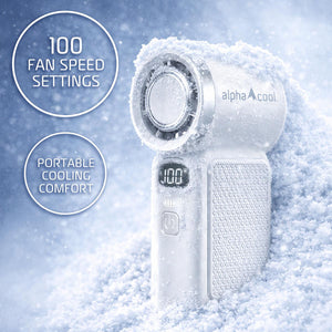 AlphaCool portable handheld fan with digital display in snow