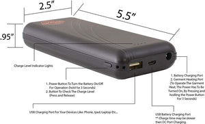 Milwaukee Leather heated garment battery pack with dimensions and port labels