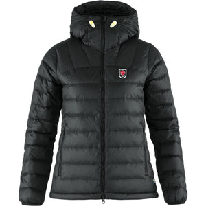 FjallRaven black hooded down jacket with front zipper and logo patch