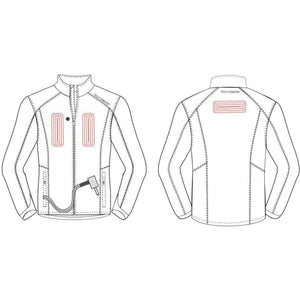Tourmaster heated jacket technical line drawing showing front and back views with heating element locations