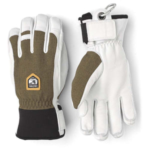Hestra white and olive green leather ski gloves with carabiner clip