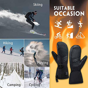 Black heated mittens shown with icons for skiing hiking playing camping and cycling activities