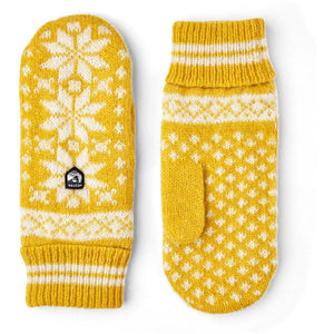 Hestra yellow and white patterned knit mittens