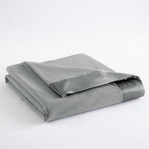 Folded grey fleece blanket with satin trim