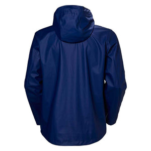 Back view of a navy blue Helly Hansen hooded rain jacket