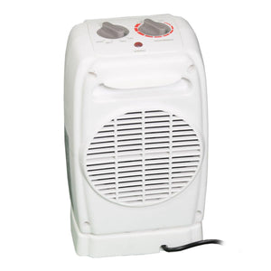 World Marketing white portable electric space heater with two control knobs and a circular front grille