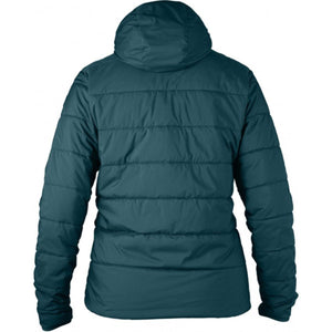 Back view of a dark teal FjallRaven hooded quilted jacket