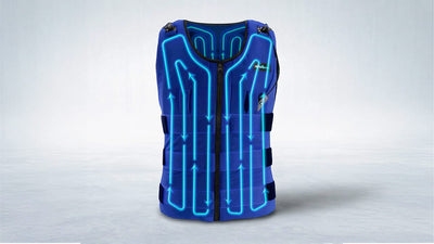 A blue cooling vest with a front zipper and internal glowing blue lines showing fluid circulation. 