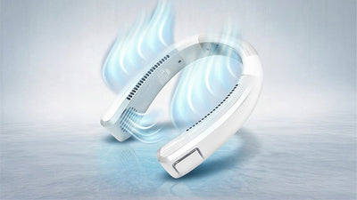 A white U-shaped wearable neck fan with vents emits blue cooling air, resting on a light blue, icy-textured surface.