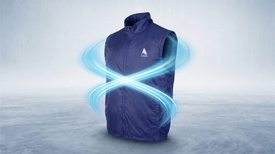 A dark blue Alphacool cooling vest with a mountain logo is enveloped by glowing blue swirling airflow against a pale icy background.