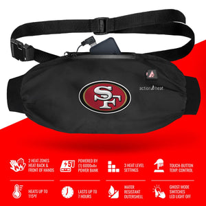ActionHeat San Francisco 49ers heated hand warmer pouch with power bank and feature icons