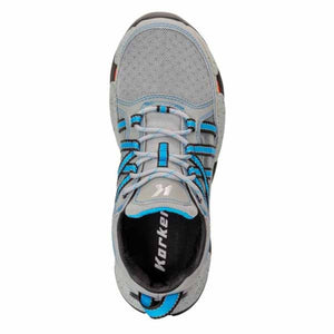 Top view of grey and blue Korkers wading shoe with mesh upper and lace up closure