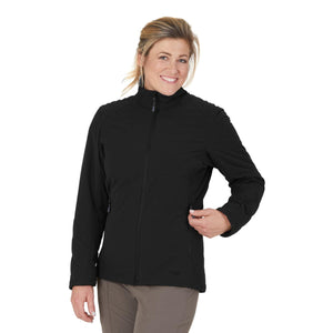 Woman wearing a black Outdoor Research quilted jacket with a full zip front