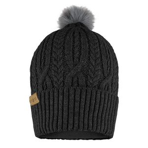 ActionHeat black cable knit beanie with grey faux fur pom pom and tan brand tag