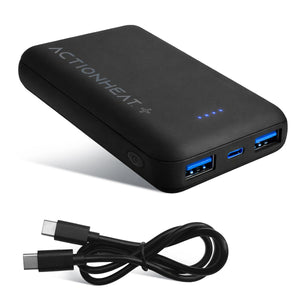 ActionHeat black portable power bank with USB ports and charging cable