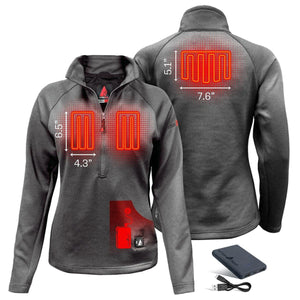 ActionHeat grey fleece jacket showing heating element placement and dimensions with included battery pack