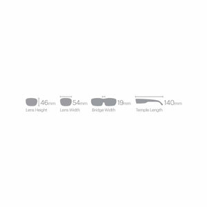 Smith Optics eyewear sizing diagram showing lens height width bridge width and temple length in millimeters
