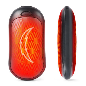 Red and black portable hand warmer with a hexagonal pattern and crescent moon logo