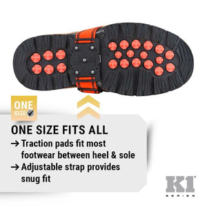 K1 Ice Cleats traction pad with adjustable strap on a boot sole