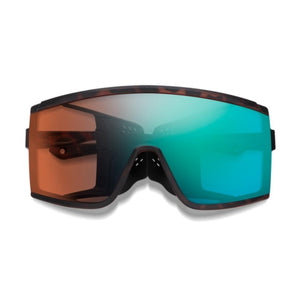 Tortoise shell frame sports sunglasses with a large reflective blue and orange gradient shield lens