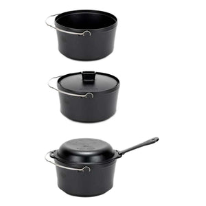 Snow Peak black cast iron camping pot set with lids and handle