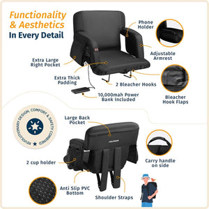 Alpcour stadium seat features including power bank, pockets, cup holders, adjustable armrests, and carry straps