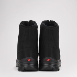 Rear view of black Pajar winter boots with red logo on heel