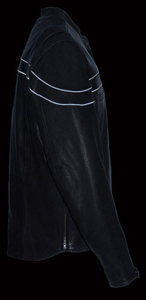 Milwaukee Leather black motorcycle jacket with reflective piping detail on the shoulder