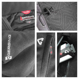 Gerbing heated jacket details showing logo, drawstring, zipper pocket, and battery pack